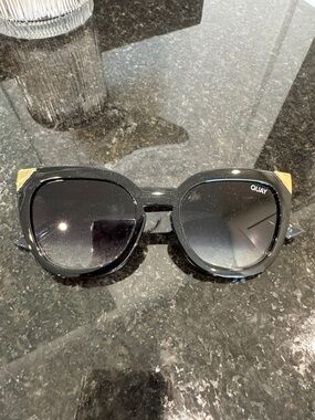 Quay Australia Black Oversized Square Sunglasses with Gold Corner Accents